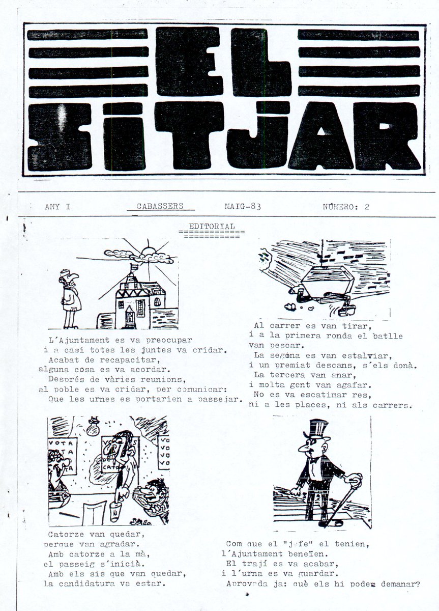 RevistaElSitjar's tweet photo. Portada d'El Sitjar núm. 2, maig de 1983, dedicada a les eleccions municipals. A #Cabassers es van fer unes primàries per a escollir els membres de la candidatura única que es presentaria a les eleccions, i el procediment es narra en quatre vinyetes: https://t.co/tFSx170HAo