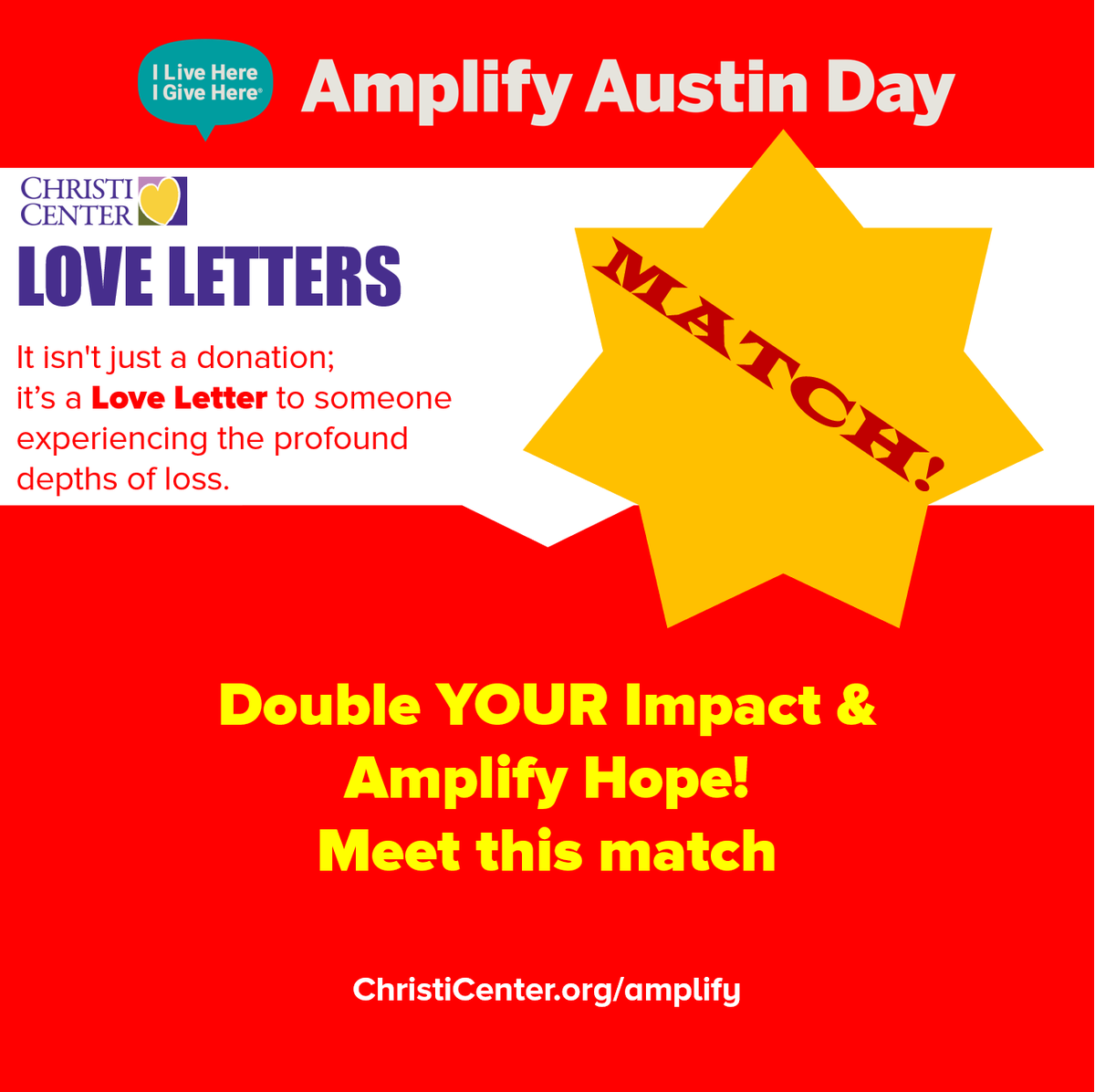 ChristiCenter's tweet photo. Amplify Hope!

MATCH ALERT!
6 hours left

Dignity Memorial has pledged to match $2,500 of your donations to The Christi Center during Amplify Austin.

That's making $1 into $2.

Help us help you reach the Christi Center goal. Meet this match.

https://t.co/WP7W3R3J6j https://t.co/KlIJRfjyOF