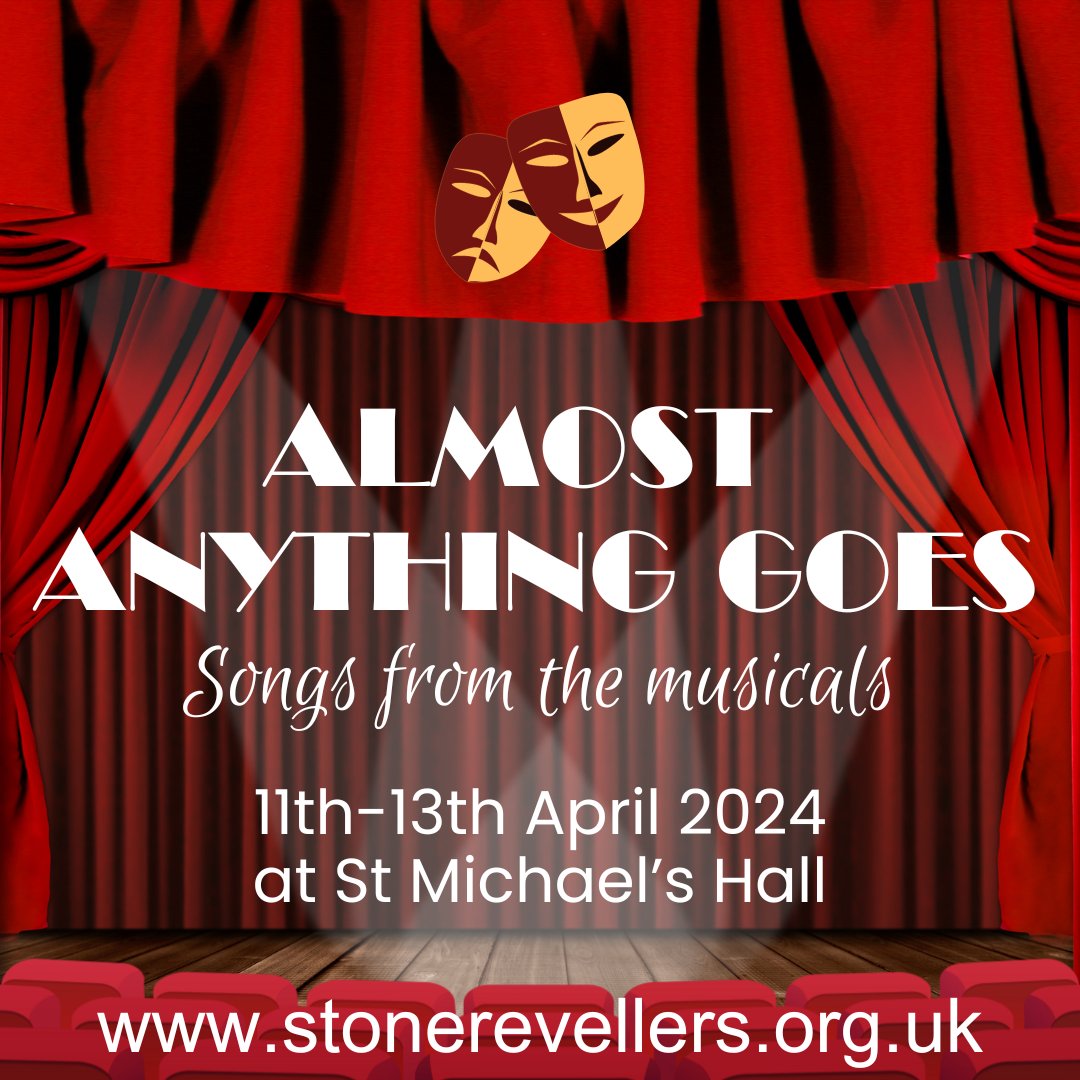 SHOW ANNOUNCEMENT

Join us for our upcoming concert at St Michael’s Hall, Stone, #staffordshire this April. Showtunes spanning 60 years of musical theatre.

Seating is cabaret style with bar service. 
Tickets £10 each...
Book at: stonerevellers.org.uk