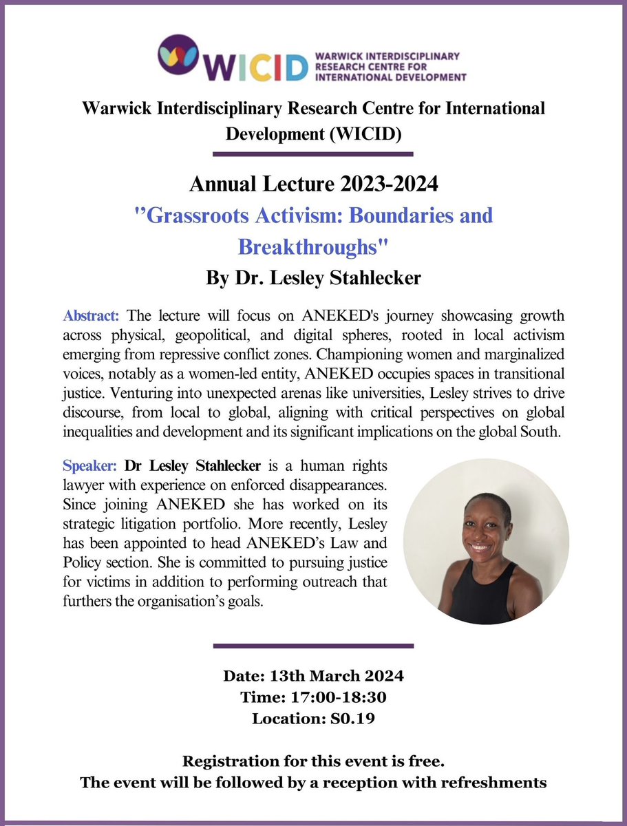 📢 Event Alert!! Register now for the WICID Annual Lecture by Dr. Lesley Stahlecker on Wednesday 13th March, 5-6:30PM. Register for the event here: warwick.ac.uk/fac/soc/pais/r… More information below 👇🏼