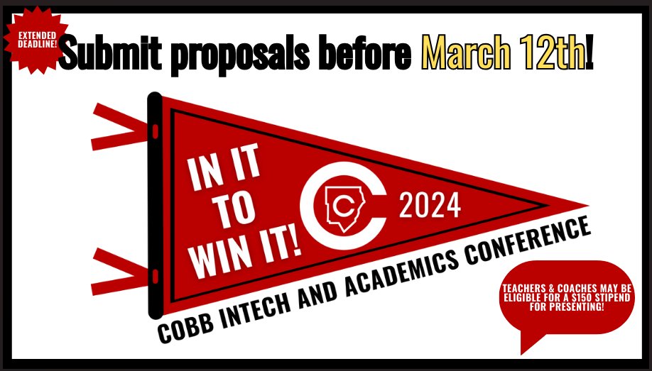 CobbInTech (@cobbintech) on Twitter photo The Cobb InTech & Academics Summer Conference is looking for presenters!
For more information about presenting at or attending the conference, go to bit.ly/CobbSummerCon!
Reach out to your TTIS with questions!
#CobbInTech #CobbSummerCon #EngageCobb The Cobb InTech & Academics Summer Conference is looking for presenters!
For more information about presenting at or attending the conference, go to bit.ly/CobbSummerCon!
Reach out to your TTIS with questions!
#CobbInTech #CobbSummerCon #EngageCobb