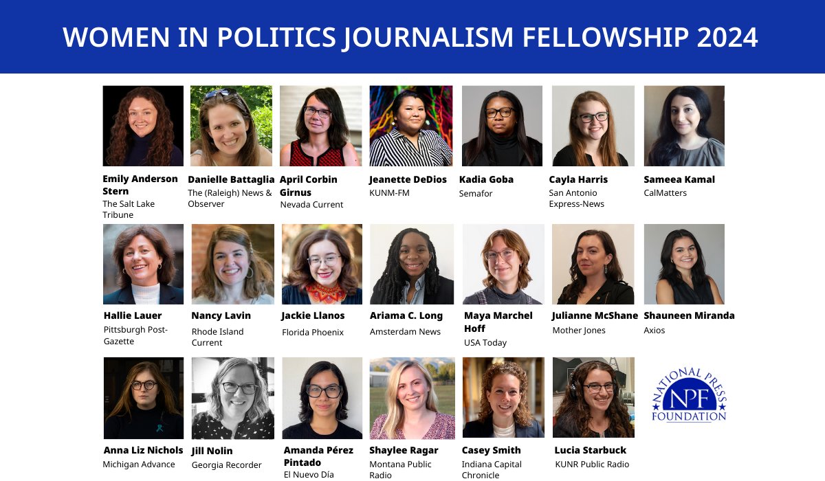 1/ Congrats to the 20 journalists selected for the Women in Politics Journalism Fellowship. We're thrilled to meet them in Washington, D.C. from April 15-18 for 4 days focused on covering women legislators. 

nationalpress.org/newsfeed/npf-n…