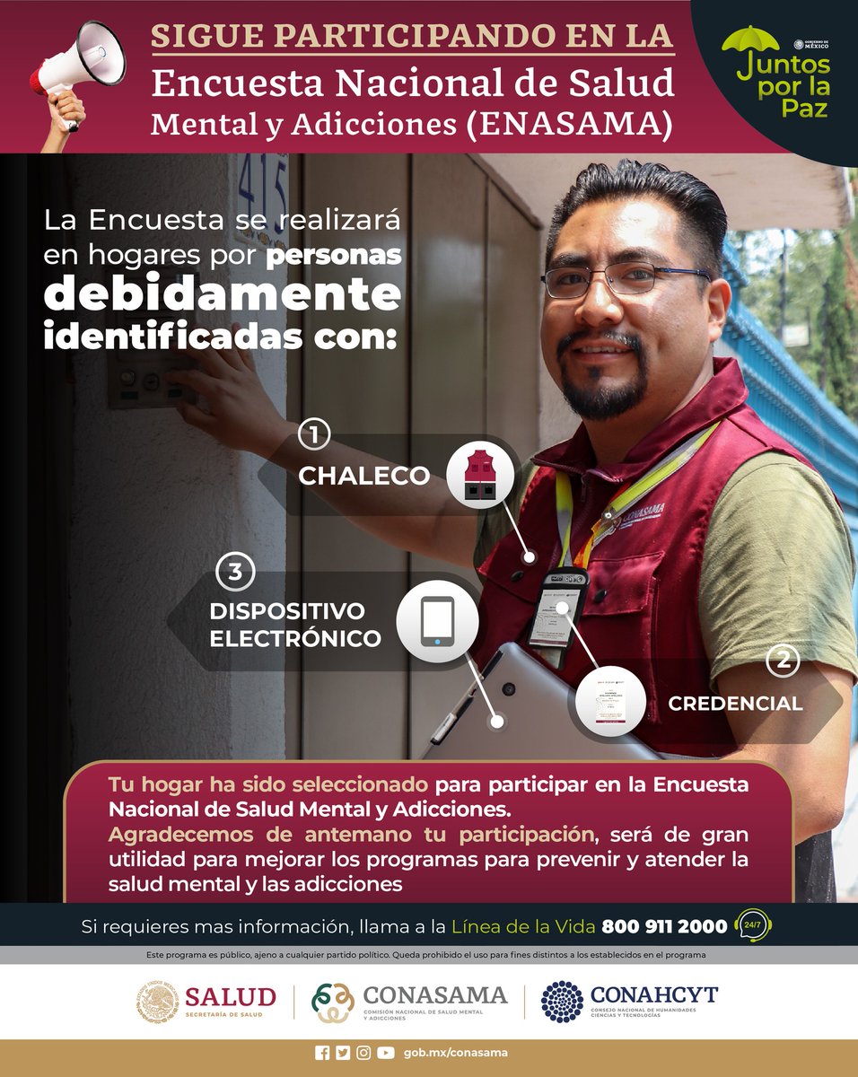 conasama_invest's tweet photo. Estamos en la recta final de la recolección de datos y tu participación es importante.
¡Participa en la Encuesta Nacional de Salud Mental y Adicciones 2023!

Más información 👇🏽
#ENASAMA #PorLaSaludMental #PorLaSaludMental https://t.co/IuVWNDz8GH