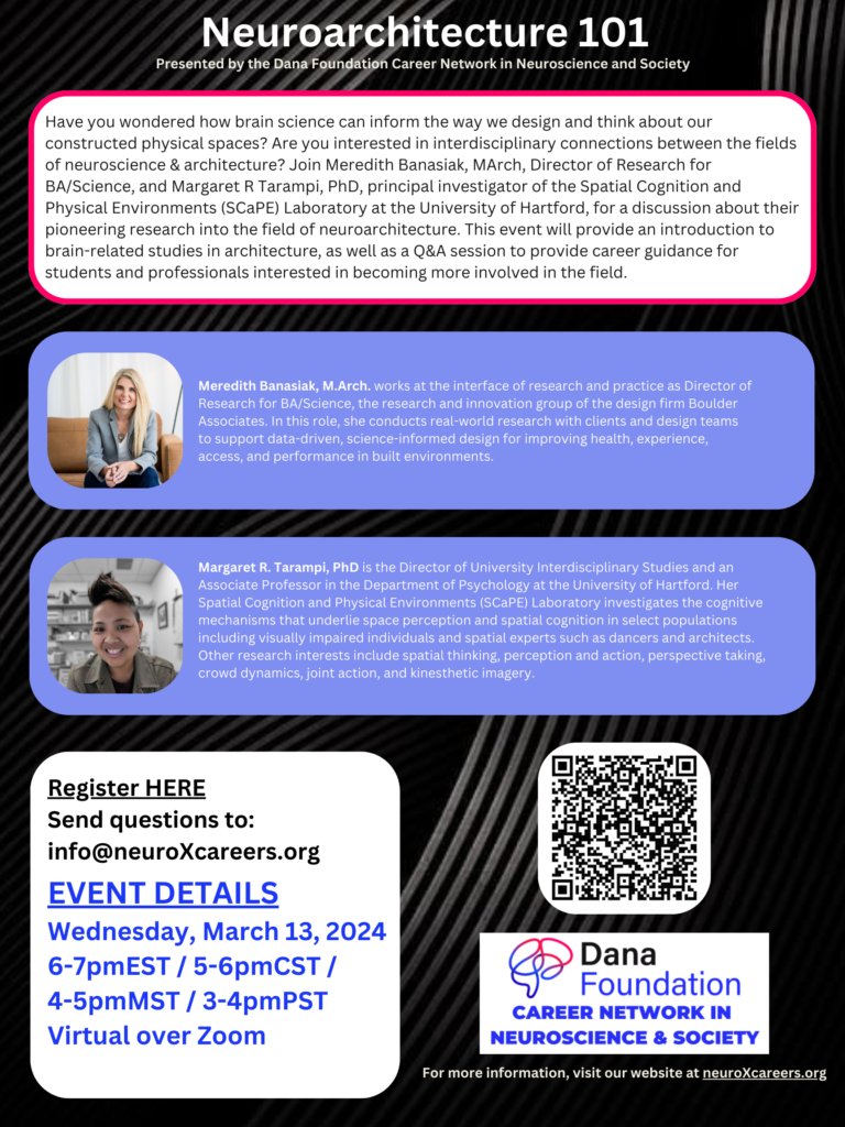 dana_fdn's tweet photo. Register for a virtual discussion on #neuroarchitecture hosted by @‌neuroxcareer. Learn about brain-related studies in architecture and hear career guidance for those interested in this emerging field. #CareerNetwork #neurosociety 

Register here: https://t.co/VG2eV0oZ8h https://t.co/rUj0FoU3DI
