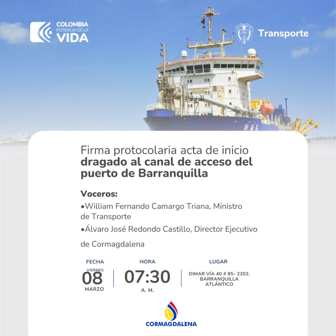 Este viernes 08 de marzo, el canal de acceso al puerto de Barranquilla alcanzará un hito histórico: ¡un año sosteniendo un calado de 10 metros! Este logro es clave para mejorar las operaciones portuarias y la competitividad regional y nacional.

#NosMovemosPorElDesarrollo