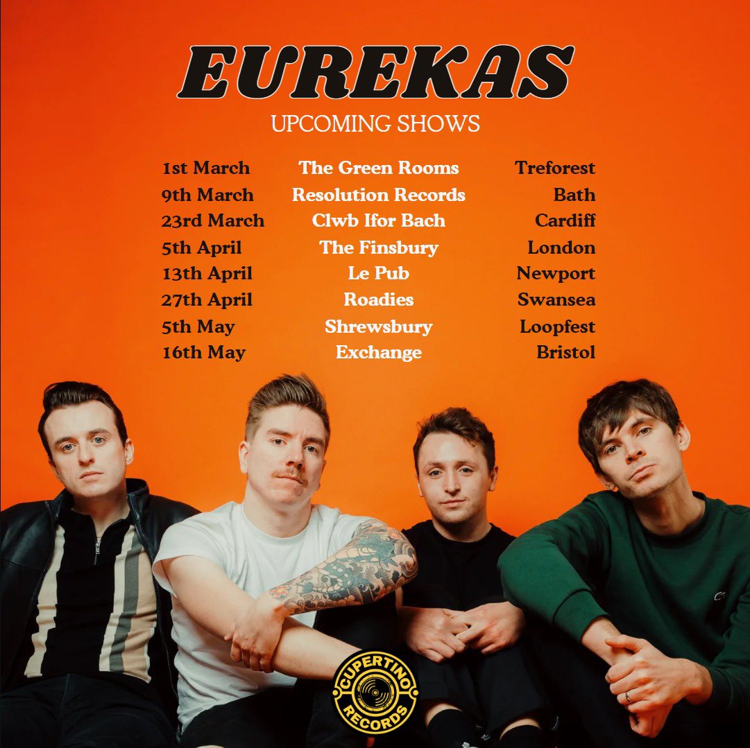 Hey Twitter pals, just checking in and sharing a whole bunch of shows we’ve got coming up! Some real beauties in there including big Saturday night headlines @ClwbIforBach and @Lepub. Wherever you want to see us, get your tickets here linktr.ee/eurekasband?fb… #indierock
