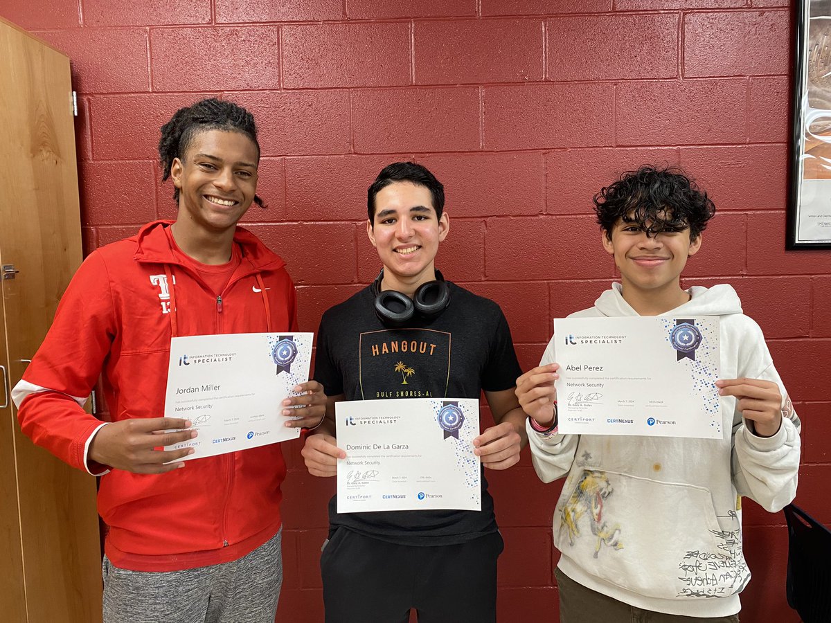 Congratulations to Jordan, Dom, and Abel on certifying in IT Specialist Network Security. Welcome to the #certifiedraider club! 
<a href="/NISDTaft/">Taft HS</a> <a href="/NISD/">Northside ISD</a> <a href="/NISD_CTE/">NISD_CTE</a>