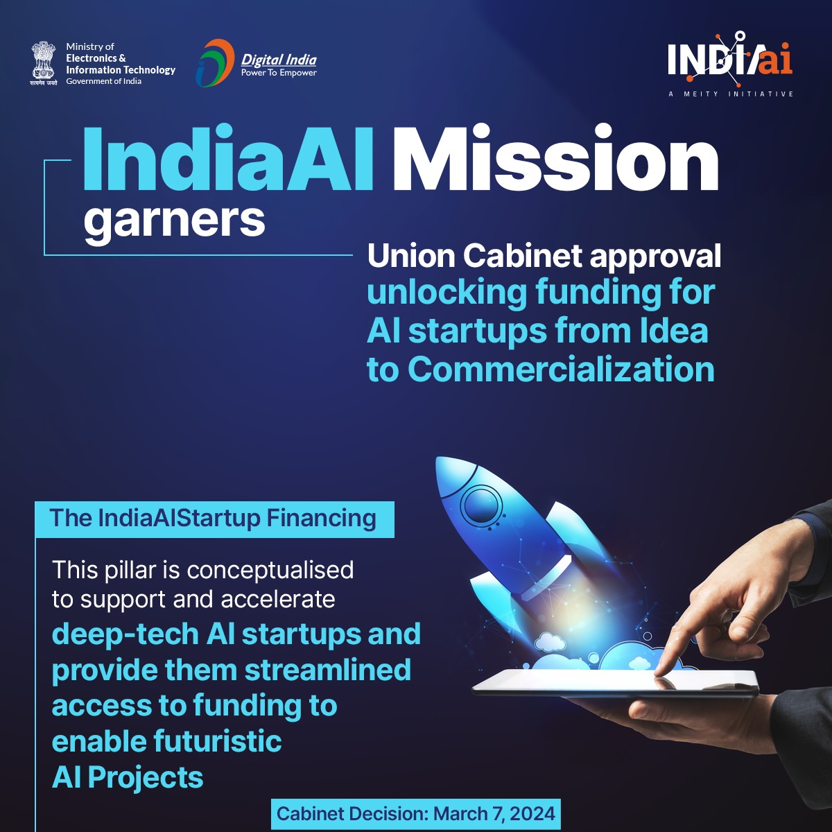 #CabinetDecision | Promoting the vision of ‘Make AI in India’ and ‘Make AI work for India’, the Union Cabinet greenlights the revolutionary #IndiaAIMission. #DigitalIndia @PMOIndia @AshwiniVaishnaw @Rajeev_GoI @abhish18 @GoI_MeitY @OfficialINDIAai