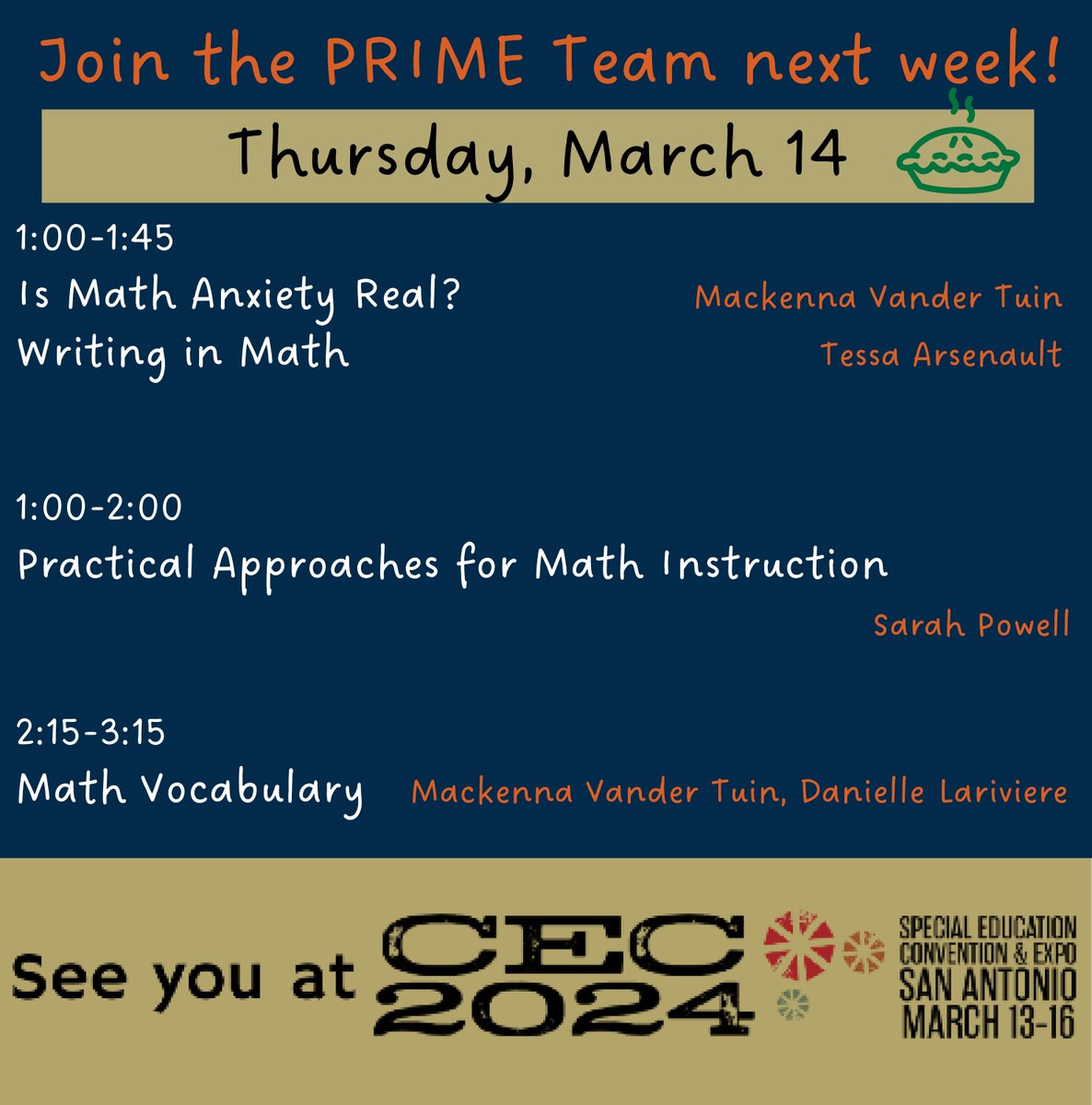 And here's the #PRIMETeam schedule for Thursday afternoon. It will be pi day - come talk math with us!