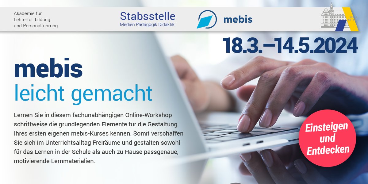 Stabsstelle_ALP's tweet photo. Für alle #mebis-Neulinge! Am 18.3. (9-15 Uhr) lernt ihr in einem fachunabhängigen Workshop die Grundlagen kennen, wie ihr euren eigenen mebis-Kurs gestaltet. Keine Vorkenntnisse nötig!👩‍💻🧑‍💻
Hier anmelden👉https://t.co/jqDbj38EvU
#twlz #BayernEdu #DSdZ #BdB @KM_Bayern @mebis_bayern https://t.co/fM0cgwtUHV