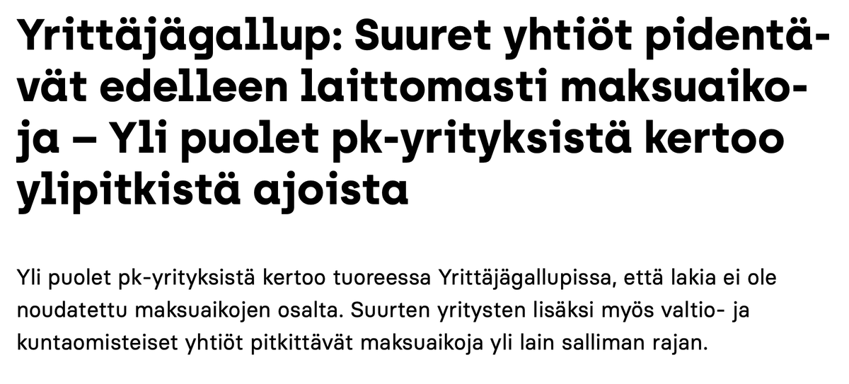 Nyt kun sorvataan varsinkin suurille yritykselle mieleistä lainsäädäntöä, EK voisi patistaa jäsenyrityksensä noudattamaan lakia.

On moraalitonta pitää pk-yrityksiä pankkinaan.