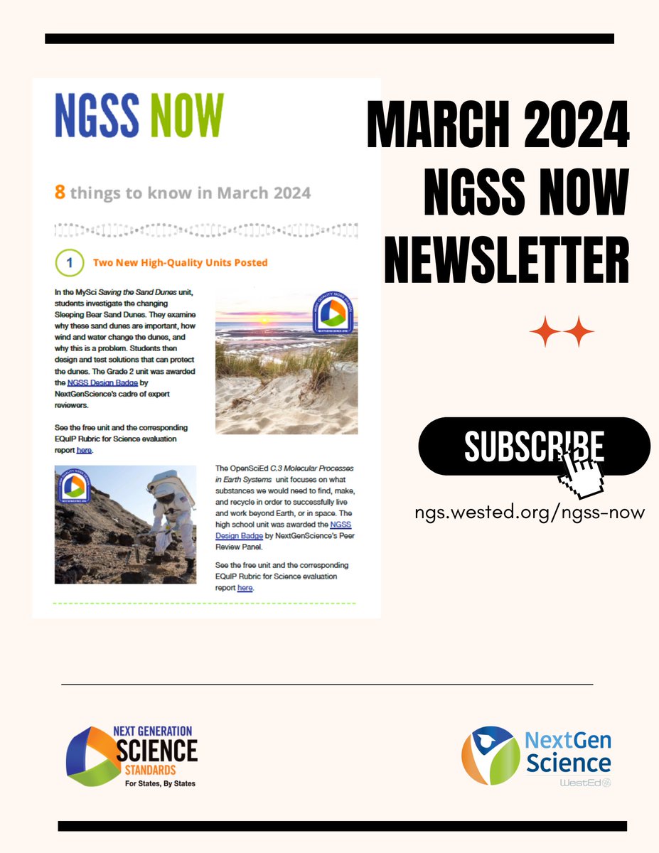 📰Check out this month's #NGSSNow newsletter: nextgenscience.org/news/march-202… It includes 8 resources related to high-quality science education from: @wustlisp @OpenSciEd @NGSWestEd @NSTA @InstructUP @educationweek @GlobalVegProj @HSScomms @CADREK12