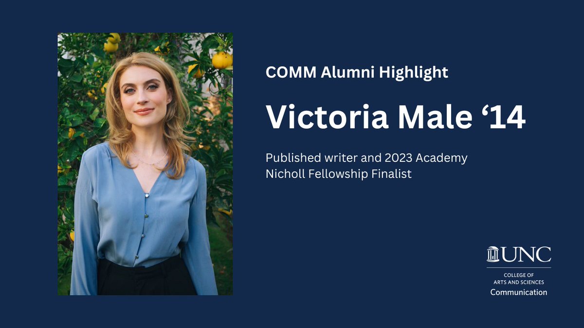 UNCComm's tweet photo. Meet COMM Alum Victoria Male ‘14 💫
Victoria was named a finalist for the 2023 Academy Nicholl Fellowship in Screenwriting, one of the most prestigious screenwriting competitions. Her script, SHOWSTOPPER, advanced to the final round out of 5,500+ submissions.
#UNCCOMM #UNCALUM https://t.co/cp8dSE3Dxm