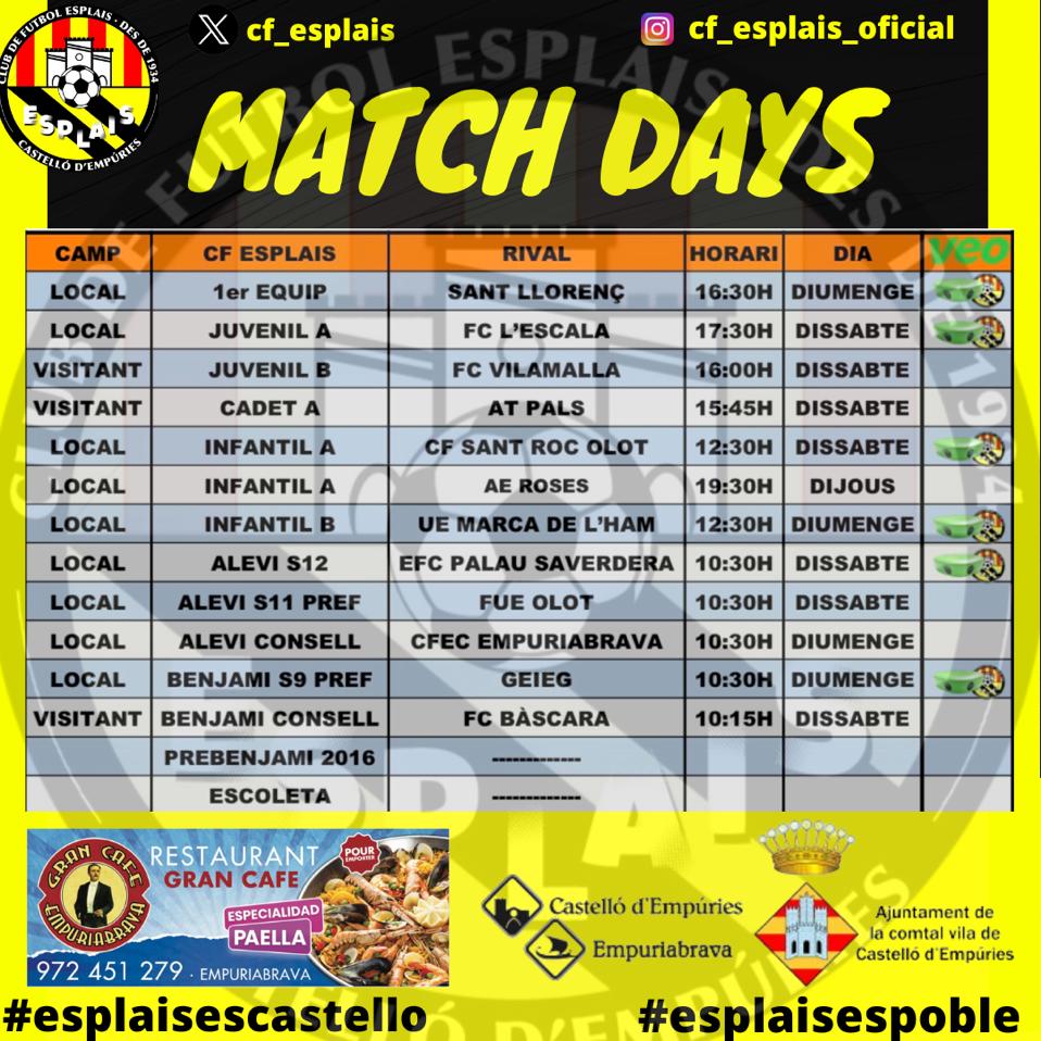 💥 𝙋𝘼𝙍𝙏𝙄𝙏𝙎 𝘿𝙀𝙇 𝘾𝘼𝙋 𝘿𝙀 𝙎𝙀𝙏𝙈𝘼𝙉𝘼!! 💛🖤

➡️ Partits del Cap de Setmana, 9/10 de Març. ⚽️

𝐒𝐎𝐌-𝐇𝐈!! 💛🖤

#futbolbase
#esplaisescastello
#esplaisespoble
#castellodempuries
#empuriabrava