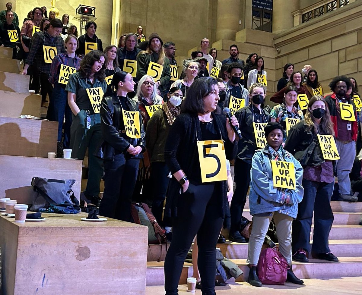 PhillyCWU's tweet photo. At today’s all staff @philamuseum, museum executives were met by a wall of PMA Union @PhillyCWU members demanding the pay we are owed. It’s time to #PayUpPMA. https://t.co/kzvm05Fcra