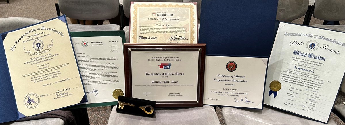 Bill Ryan--@masshirecenter's Disabled #Veterans’ Outreach Program officer--was honored yesterday @TweetWorcester City Hall for 30+ years helping #veterans. The @usairforce #veteran got a Key to the City from @MayorJoePetty & awards from @RepMcGovern, @MassEOVS, & more. #service