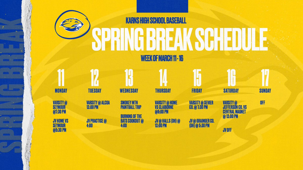 Spring Break week is here. Plenty of chances to come watch us in action! #DamStrong <a href="/AthleticsKarns/">Karns Athletics</a>