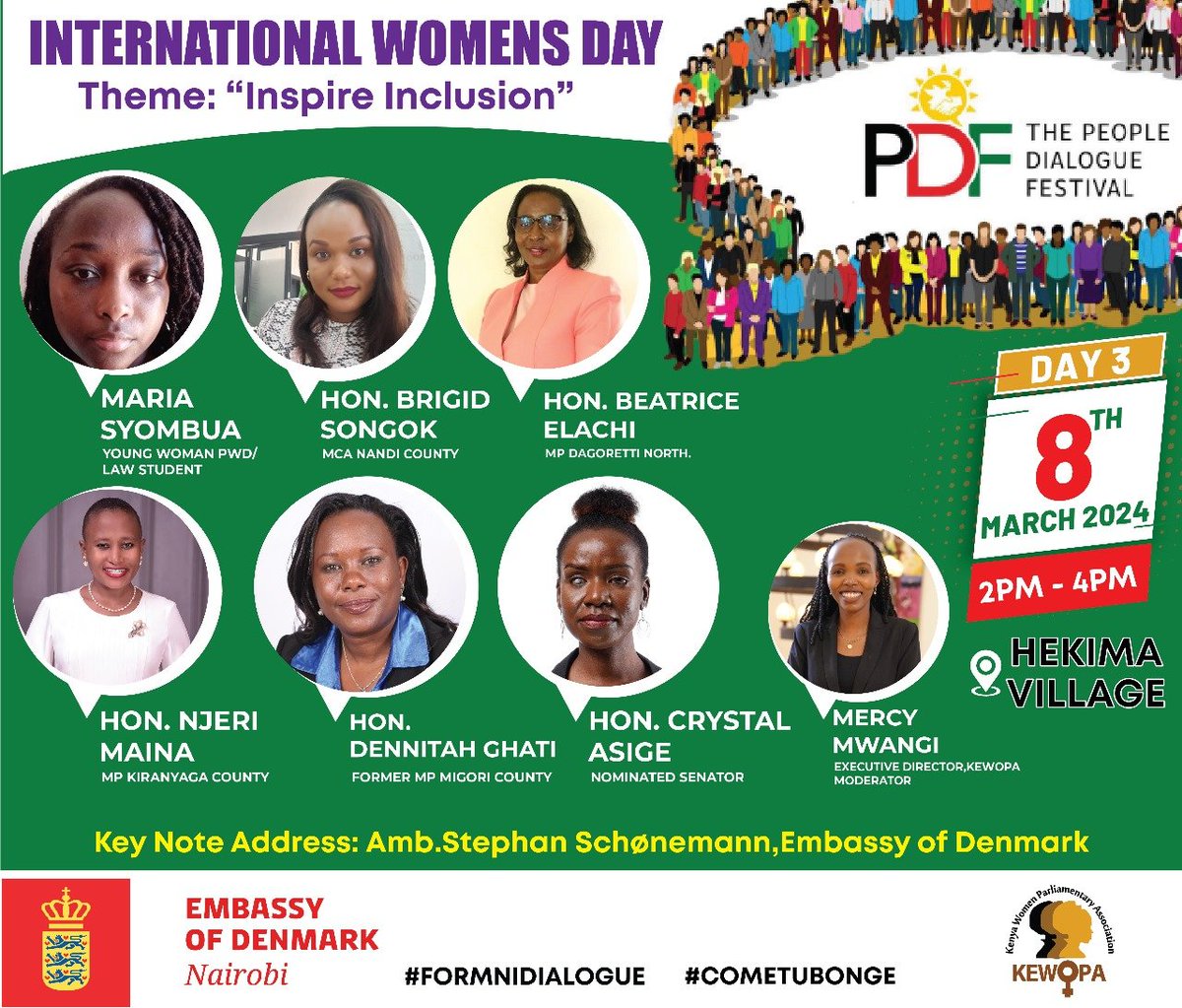 Join us tomorrow as we co-host with @denmarkinkenya an event at the @thePDFestival to mark the International Women's Day at Hekima Village. #InspireInclusion #WomeninPoliticsKE #IWD2024 #ComeTubonge
