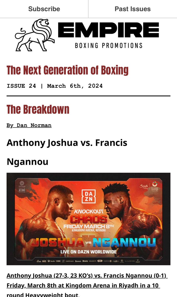 The Next Generation of #Boxing Newsletter is out now, read and subscribe:
mailchi.mp/empireboxingen…
-
@anthonyjoshua preview and more #BoxingNews 
-
@DAZNBoxing 
-
@BrickhouseVent1 
@GrassJames 
-
#empireboxing #SportsNews