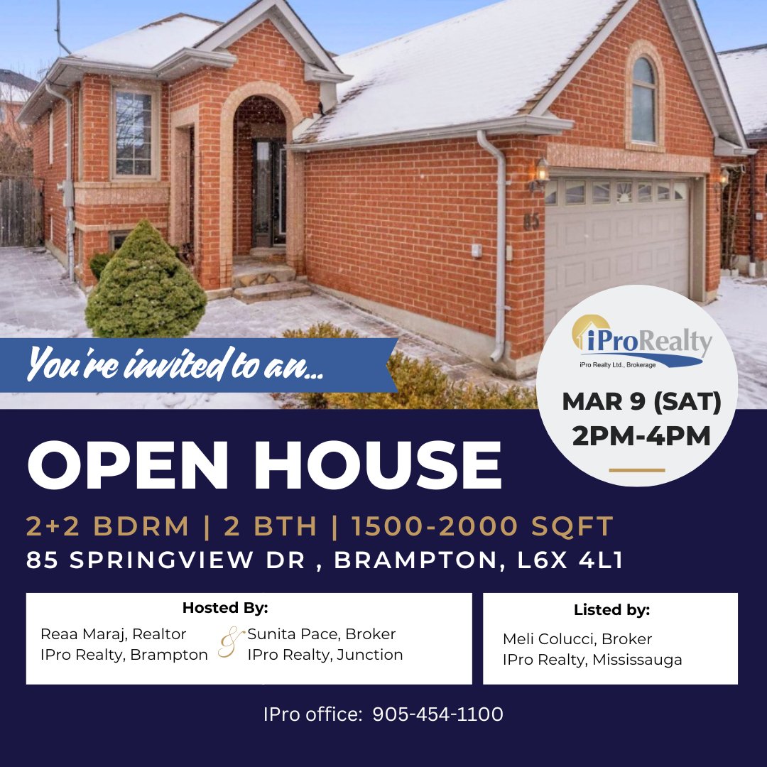 OPEN HOUSE - Come see this beautiful home for sale this Saturday, March 9th, 2024, from 2pm-4pm at 85 Springview Rd, Brampton, ON #openhouse #brampton #iprorealty #RealEstate