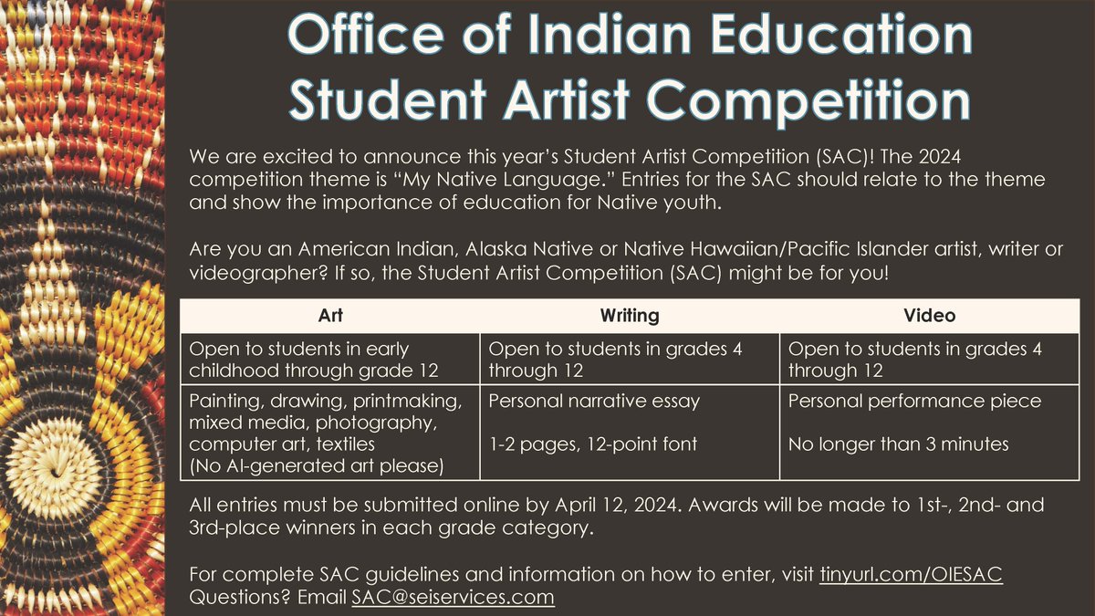 OIEIndianED's tweet image. #StudentArtists, do you need more time to submit your artwork to #OIE's Student Artist Competition? Good news - the deadline has been extended to April 12! This year's theme is "My Native Language." Show us what you can do! More info here: tinyurl.com/OIESAC #NativeArt