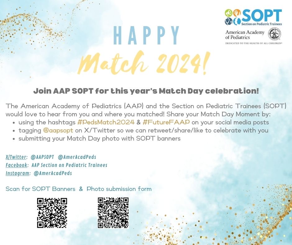 AAPSOPT's tweet image. Happy Match Week! Today, over 4,000 medical students learn if they matched into residency. Friday, they learn where they will continue their training. We can't wait to see where all of our future pediatricians match this year! Share your #MatchDay pics with us here! #FutureFAAP