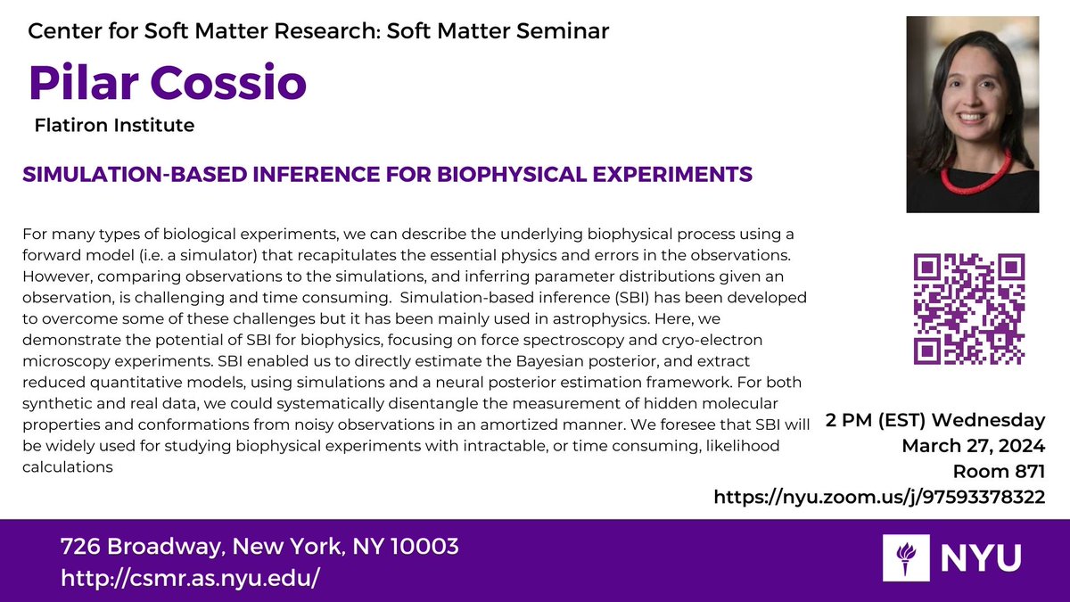 New Date! Our next Soft Matter Seminar speaker is Pilar Cossio from Flatiron Institute. We hope that you can join us! Wed, March 27th at 2:00pm ET. @NYUPhysics @NYUScience as.nyu.edu/research-cente…