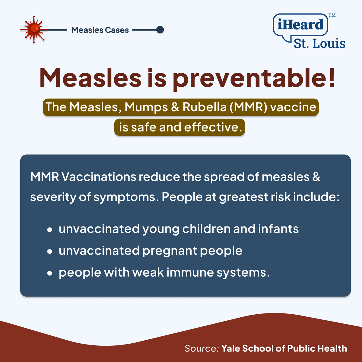 Have you been hearing about the recent measles outbreaks? Swipe to learn more about what’s going on. The takeaway: measles is preventable. Vaccinations reduce the spread of measles & the severity of symptoms. #iHeardSTL #Measles #StayHealthy #GetVaccinated