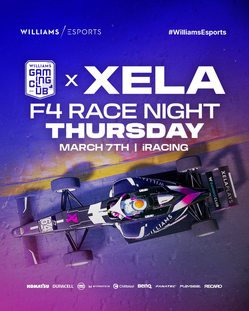 F4 Race Night #2 is underway in 30 mins with the WGC &amp; <a href="/XelaPlays/">XelaPlays</a>!

Tonight's tracks include:
- Brands Hatch Indy 🇬🇧
- Road America 🇺🇸
- Spielberg 🇦🇹

📺 LIVE on twitch.tv/williamsesports - 1900 UK

#WilliamsEsports #WeAreWilliams #WGC #SimRacing #iRacing