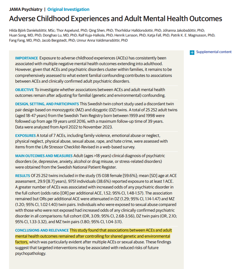 A long-standing question is whether childhood adverse experiences increase the risk of adult mental health issues.

A new study compares twins in the same family. And the twin reporting more childhood adverse experiences did have more mental health issues.

But...
