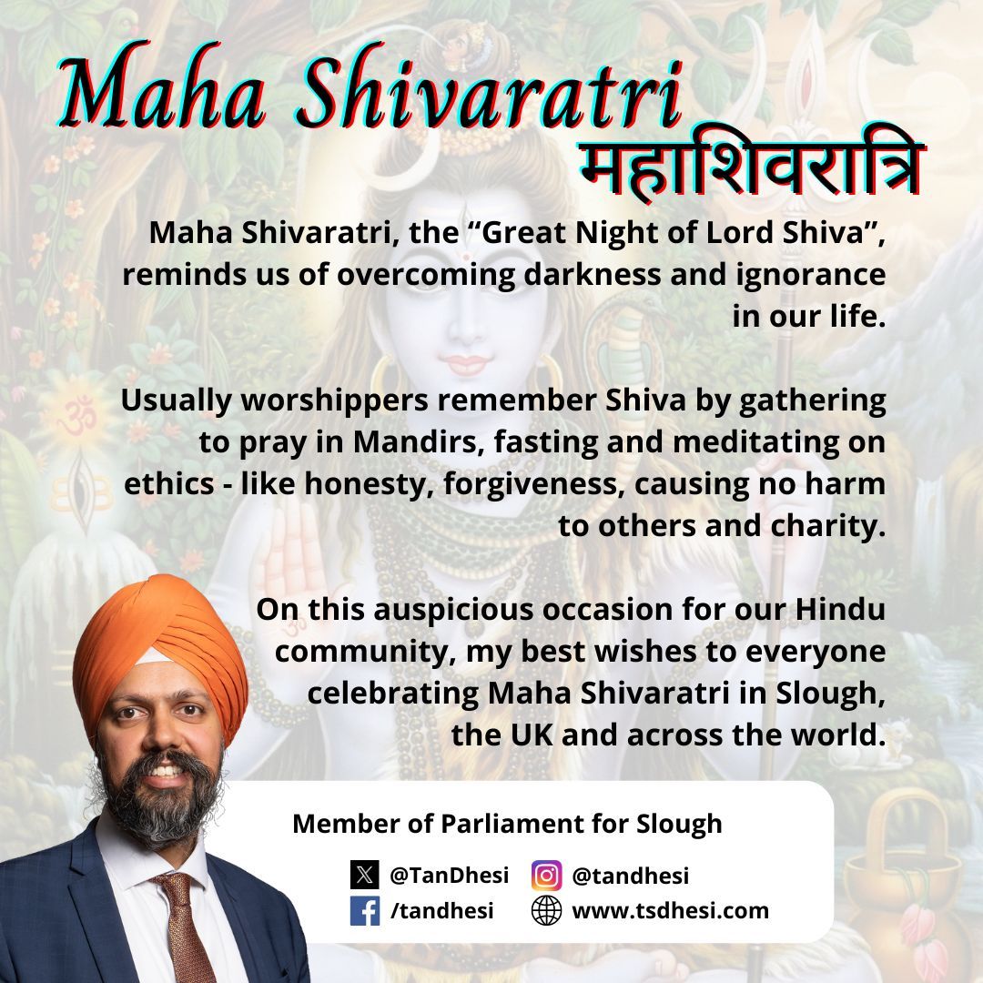 Maha Shivaratri, the “Great Night of Lord Shiva”, signifies the need to overcome darkness and ignorance in our lives. On this auspicious occasion for our #Hindu community, my best wishes to everyone for #MahaShivaratri.