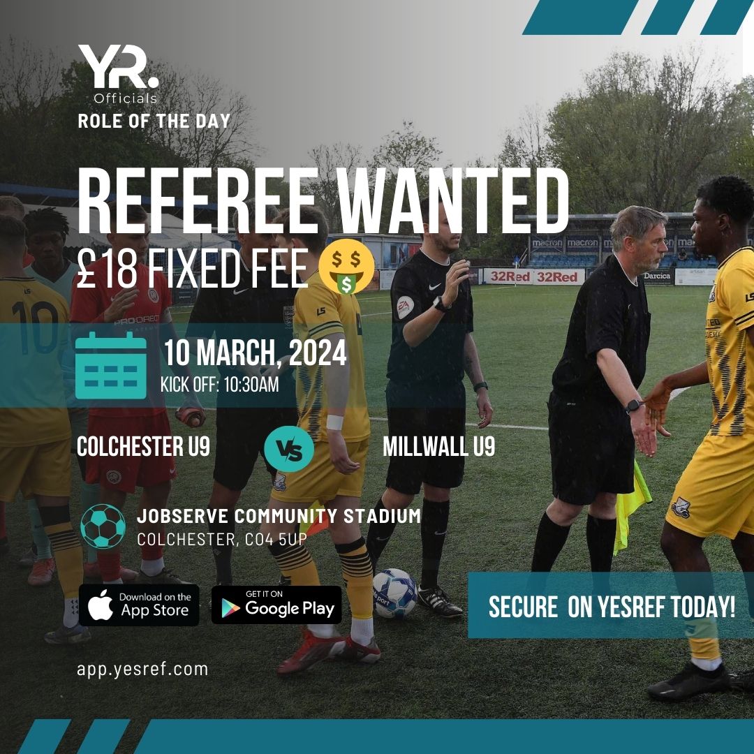 YROfficials's tweet photo. ⭐️ ROLE OF THE DAY ⭐️

We're looking for a Football Referee, can you help?

🗓️ Sunday 10 March at 10:30AM
📍 Colchester, CO4 5UP
🤑 £18 Fixed Fee

Secure on YesRef Today: https://t.co/Dji1dJ24HF

#football #referees #yesref https://t.co/JJjfKNHxLr