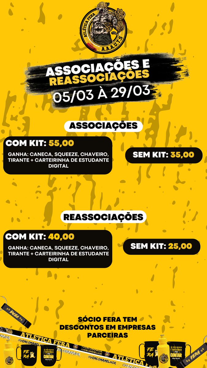 Fala galera, estão abertas as associações e reassociações, chegou o momento de fazer parte da Atlética Fera, então não perca tempo.

Nossos sócios têm:
Vem fazer parte da Maior e Melhor atlética da UNEMAT de Tangará!!! 💛🖤🐆

🖤💛VEM SER FERA💛🖤
