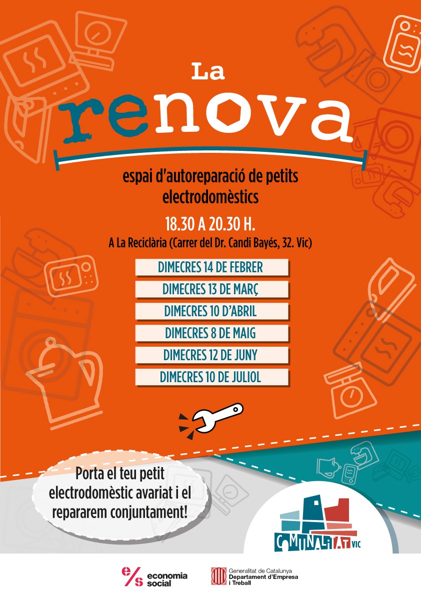 🙋‍♀️ Teniu petits electrodomèstics avariats i us sap greu llençar-los?

🤗 A #LaRenova aprenem conjuntament a reparar-los i allargar-los la vida. També la de mòbils, tauletes i ordinadors!

📆 Demà dimecres, la segona sessió! A #LaReciclària!

👉 Més info: comunalitats.cat/agenda/la-reno…