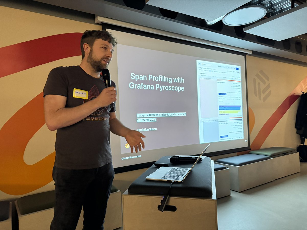 @simonswine presenting at the inaugural @grafana & friends London meetup! “Span Profling with Grafana @PyroscopeIO”