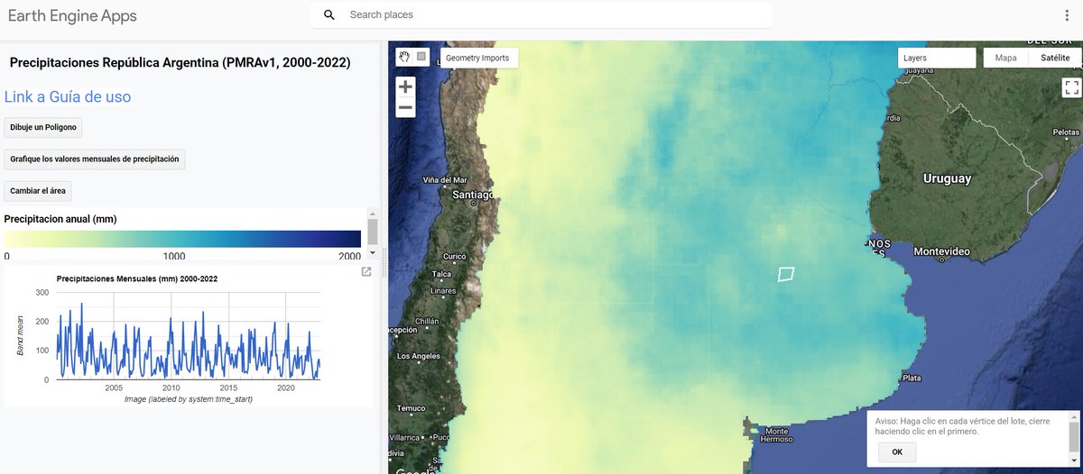 Presentamos una nueva base de datos de Precipitaciones Mensuales de la República Argentina (PMRAv1) para el período 2000-2022 (5 km de resolución espacial). Comparto una APP que ermite delimitar un área de interés y generar un gráfico y descargar la serie:
…nesmensuales.projects.earthengine.app/view/pmrav1