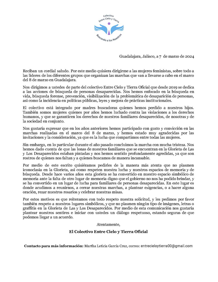 📢 Compañeras feministas, atentamente pedimos su consideración para no poner iconoclasia en la Glorieta de las y los Desaparecidos durante las marchas del #8M 

Nuestro espacio simbólico de memoria merece respeto al igual que las luchas de todas las mujeres🕊️