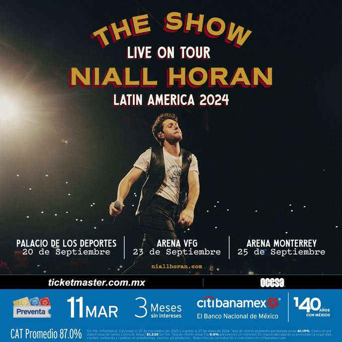 mx_tickets's tweet photo. 🚨Niall Horan - Preventa Priority!!

Mañana es la venta a las 9 AM, y estos serán los links:
🔗CDMX: https://t.co/Hl58K82BNB
🔗GDL: https://t.co/T0dyCJB8qC

Pueden ingresar desde hoy para darse una idea de los asientos y zonas disponibles... 

#NiallHoran #Mexico #Boletos #Ticketmaster #SafeTix #TicketsMX