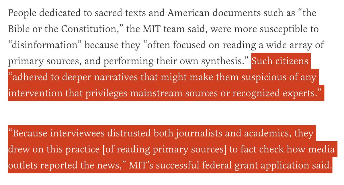 tlowdon's tweet photo. An MIT team the govt funded to create AI censorship tools claimed people dedicated to sacred texts &amp; American founding documents were more susceptible to “disinformation” because they “often focused on reading a wide array of primary sources and performing their own synthesis.” https://t.co/B7tKkySIb0