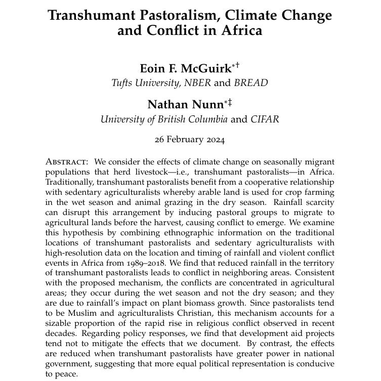 The Review of Economic Studies (@reveconstudies) on Twitter photo Recently accepted by REStud, ``Transhumant Pastoralism, Climate Change, and Conflict in Africa,'' from McGuirk and Nunn:
restud.com/transhumant-pa… Recently accepted by REStud, ``Transhumant Pastoralism, Climate Change, and Conflict in Africa,'' from McGuirk and Nunn:
restud.com/transhumant-pa…