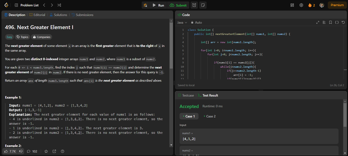 rn_xtremer_'s tweet photo. This will be considered as my #Day60 of @LeetCode #365DaysofCode challenge.

Today I've solved 496. Next Greater Element I.

#code #Java #leetcode #codetosuccess #dsaeveryday https://t.co/DxNeCDmOiw