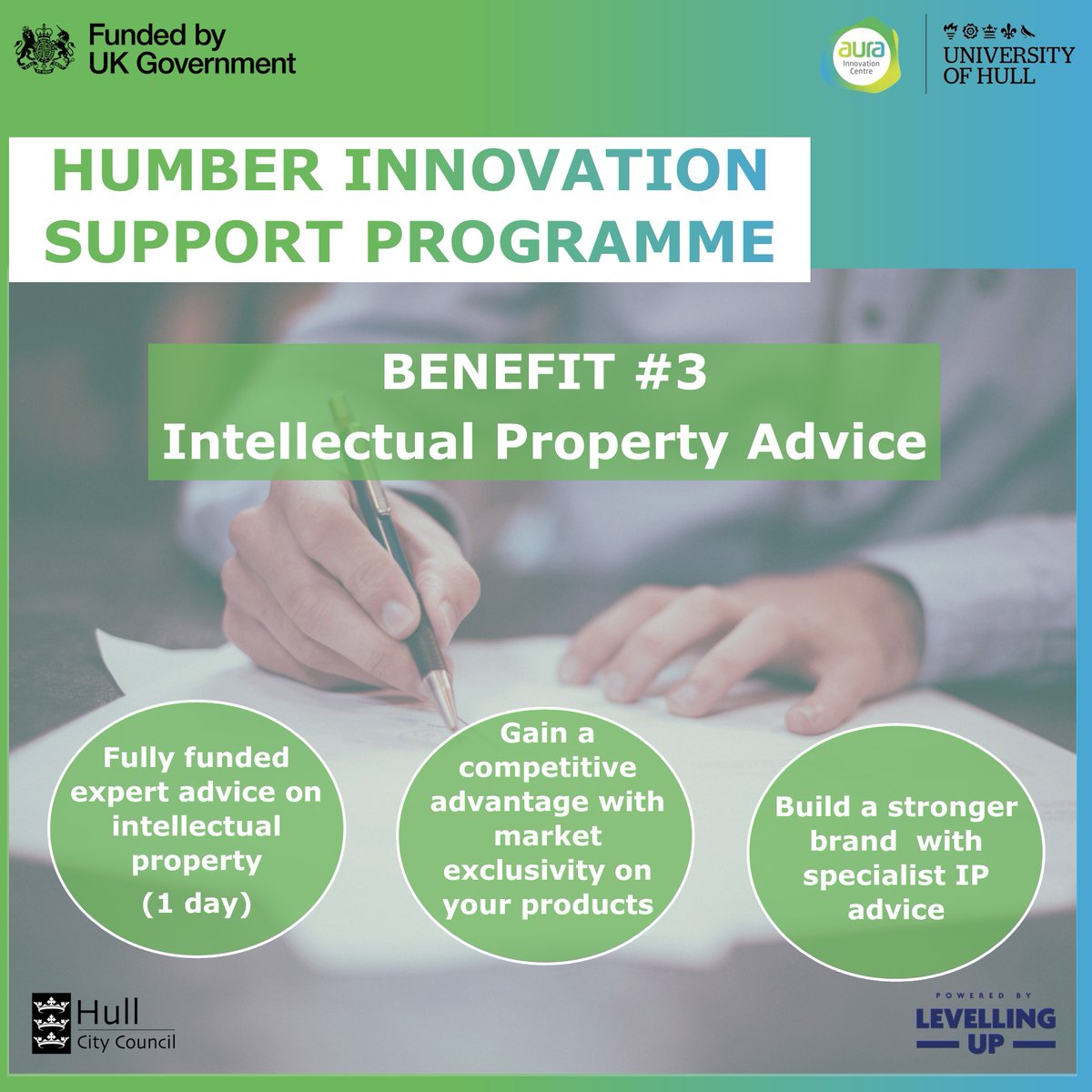 Benefit #3 – FREE Intellectual Property Advice Specialist Intellectual Property advice available through the #levellingup funding from #HISP. Contact @_aurainnovation for an eligibility check today 👇 aura-innovation.co.uk/contact/