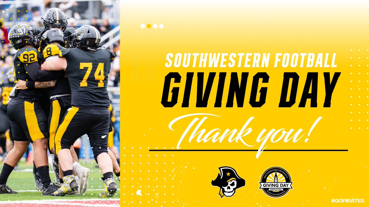 A big thank you to everyone who supported Southwestern Football on Giving Day! Together, you helped us raise $10,651 with 52 total donors and impacted the lives of our student athletes 🏴‍☠️ We will see you out on the field this fall cheering on SU Pirates Football! 🏈