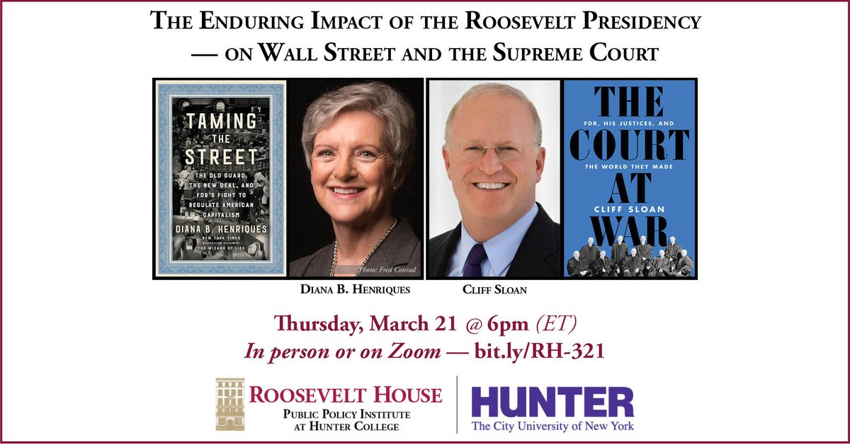 Join us March 21 at 6pm (ET) for a discussion of “Taming the Street” by @dianabhenriques & “The Court at War” by @cliff_sloan. The authors will be in conversation w/ journalist & best-selling presidential historian @jonathanalter. RSVP: bit.ly/RH-321