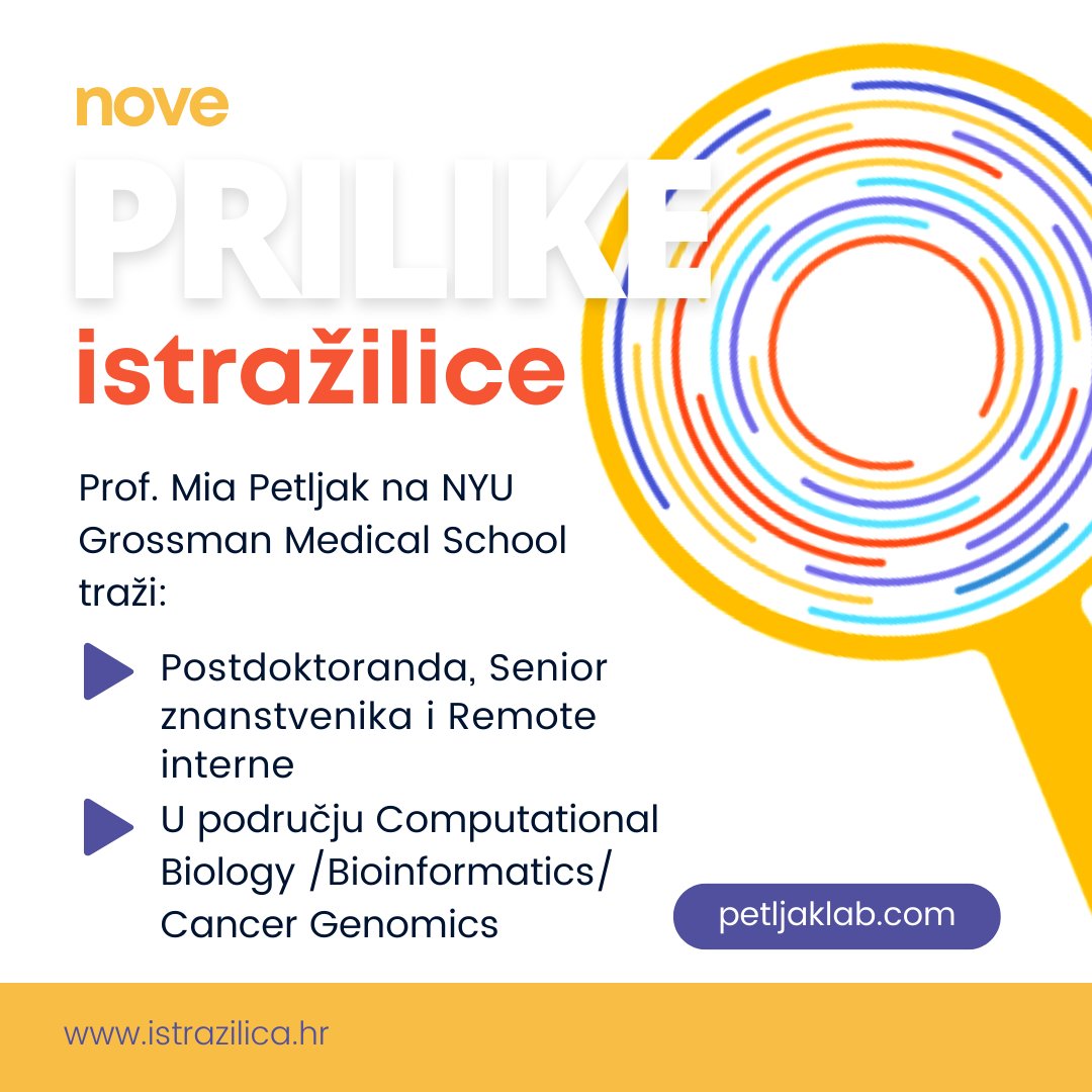 Odličan primjer su prilike naše mlade znanstvenice Mije Petljak @MPetljak koja je nedavno otvorila svoj lab na NYU Grossman Medical School i traži postdoktoranda, senior znanstvenika, i čak remote interne iz područja bionformatike! #internships #postdocs #jobopportunity