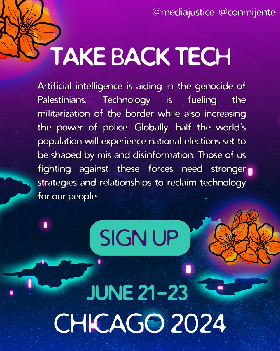 🚨MARK YOUR CALENDARS FOR JUNE 21-23🚨 MJ is proud to partner with @ConMijente for Take Back Tech II in Chicago💥 Organizers, advocates, and workers, join us to deepen connections and sharpen our tools to combat tech harms. CLICK for UPDATES: secure.everyaction.com/Mn5xl0QZmkO7Gr…