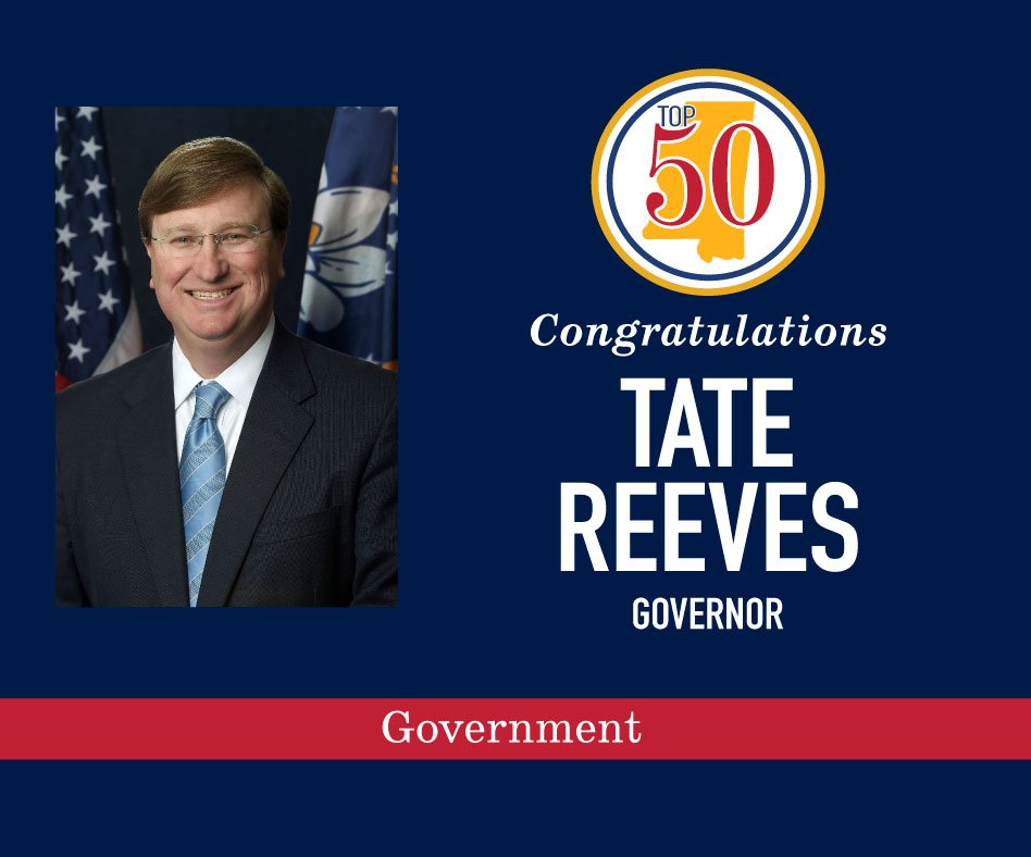 Join us in congratulating @tatereeves on being named to the 7th Class of the Mississippi Top 50. MS Top 50 is the annual list of Mississippians who are judged to be among the most influential leaders in the state. See all of this year's honorees: mstop50.com/winners