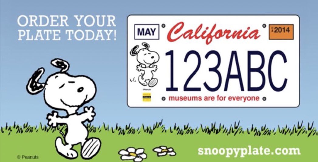 everyone should get snoopy license plates in california if u want btw its $50 and they fund museums to allow them to get accessibility infrastructure and new exhibits and programmings its a cool program!! 🥰 im gonna get mine this year i think