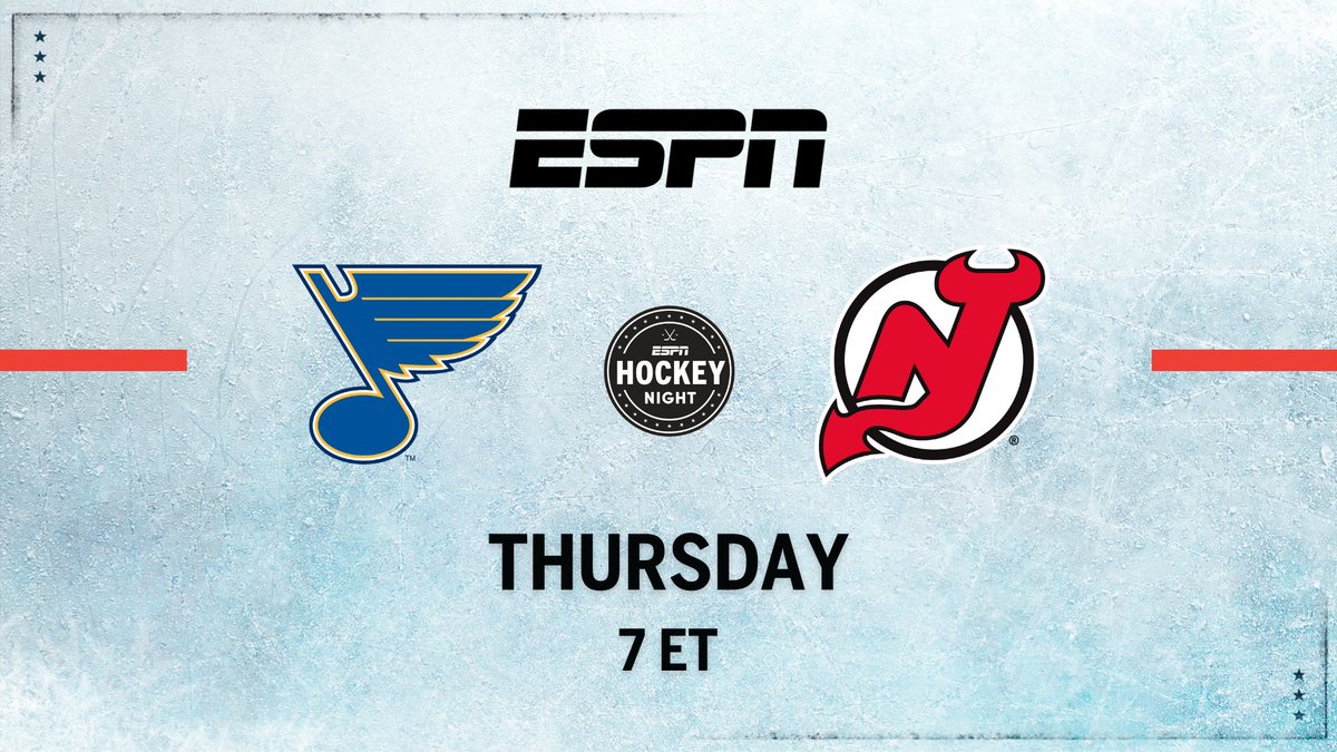 Thursday, #NHL action continues on ESPN 🏒 7p ET | #stlblues at #NJDevils 🎙️ @espnbob, @TheRealCally24, @leahhextall Studio | @espnSteveLevy, @emilymkaplan, @Arda