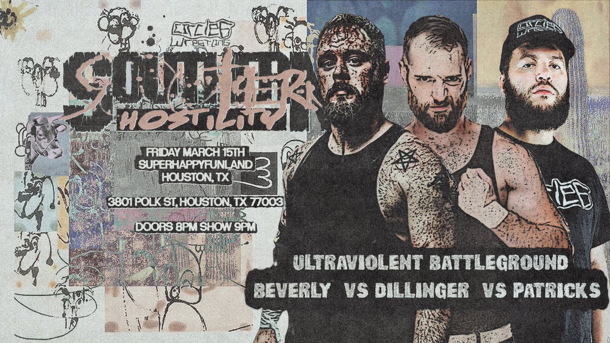 🚨 HOUSTON UPDATE 🚨 The KING of the Deathmatches @BobbyBeverly will take on @DalePatricks & @EricDillinger5 on the Ultraviolent Battleground - Friday March 15th at SuperHappyFunLand in Houston, TX. 🎟️ circle6.co